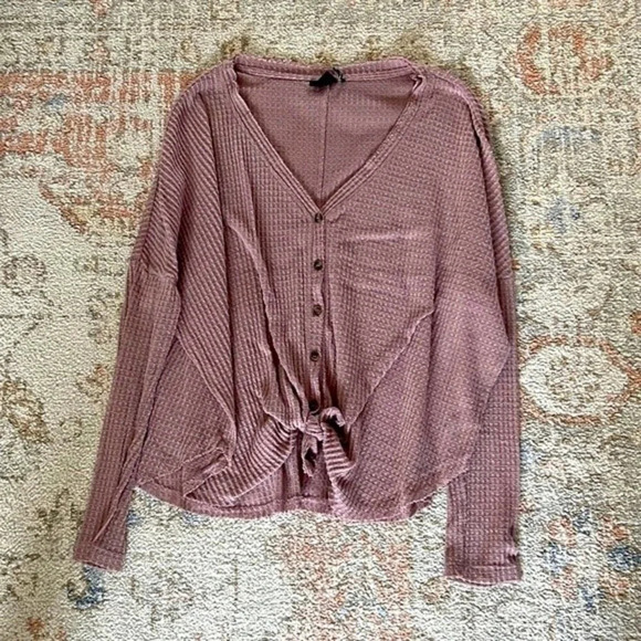 Urban Outfitters Tops - Womens Purple Waffle Knit Button Front Tie Waist Henley Long Sleeve Top Small